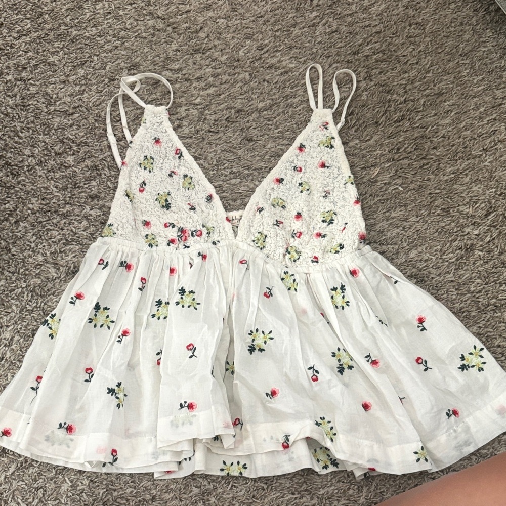 Free People White Floral Textured Top